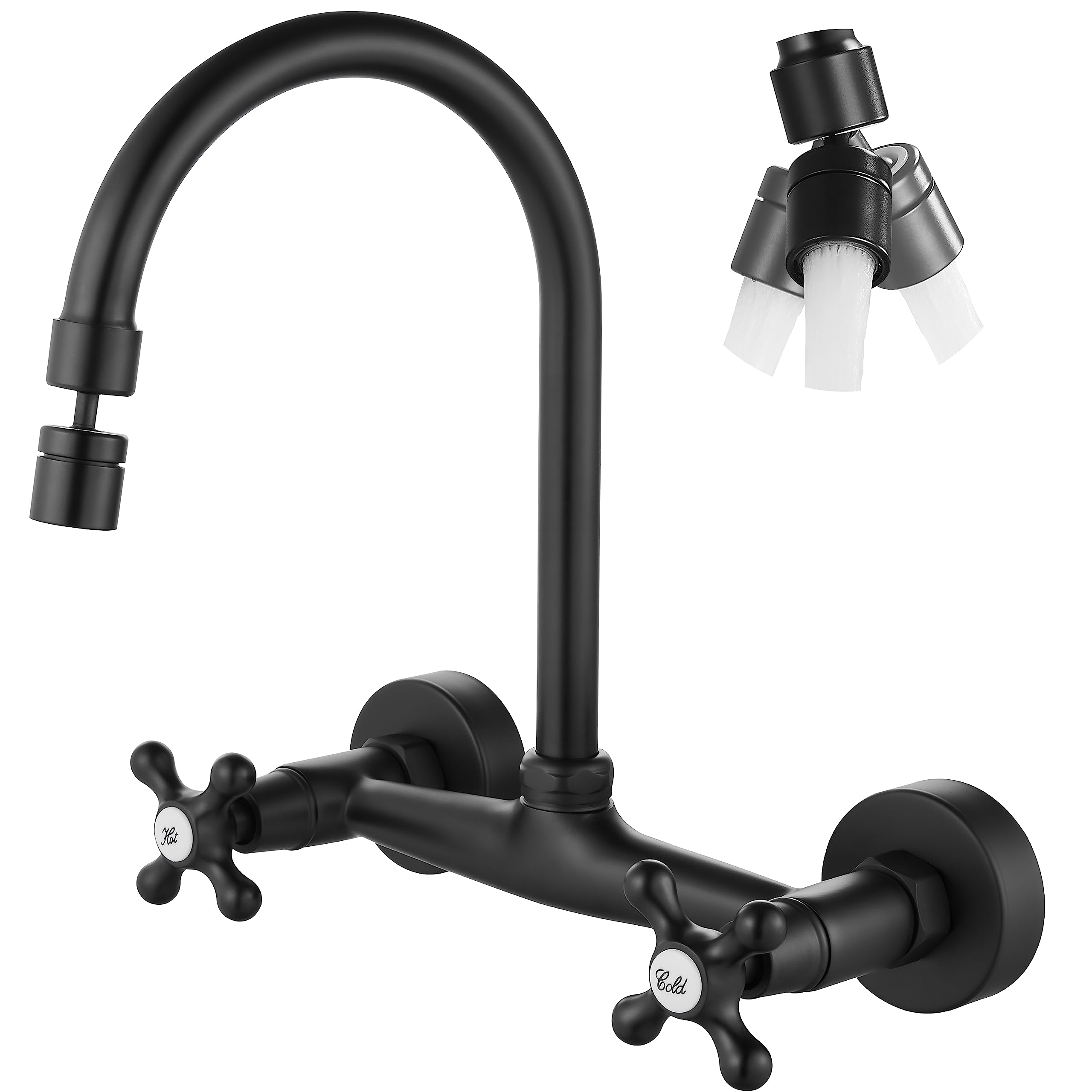 Airuida Wall Mount Kitchen Faucet Matte Black 8 Inch Center Wall Mount Faucet Kitchen with Sprayer Double Cross Handles 360 Degree Swivel Spout Kitchen Mixer Tap Commercial