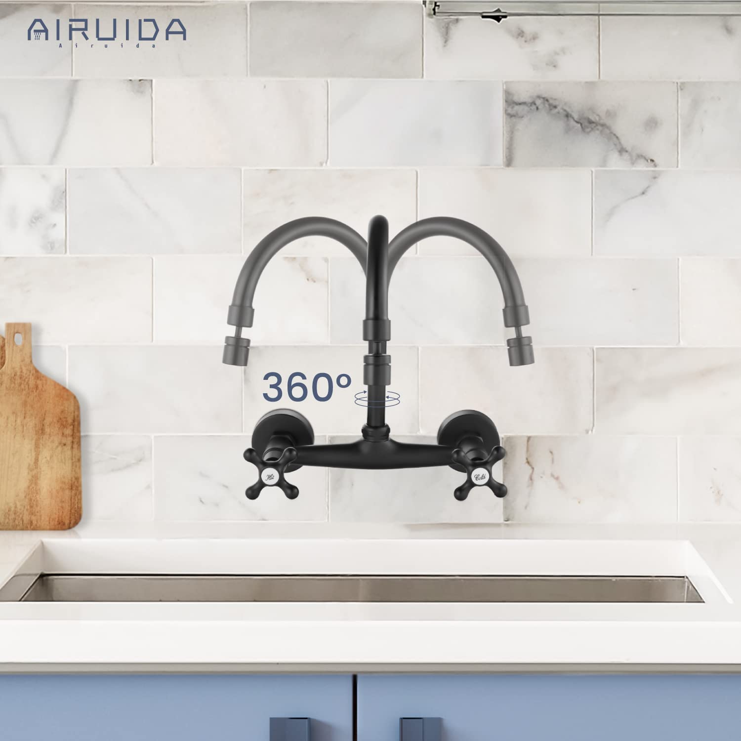 Airuida Wall Mount Kitchen Faucet Matte Black 8 Inch Center Wall Mount Faucet Kitchen with Sprayer Double Cross Handles 360 Degree Swivel Spout Kitchen Mixer Tap Commercial