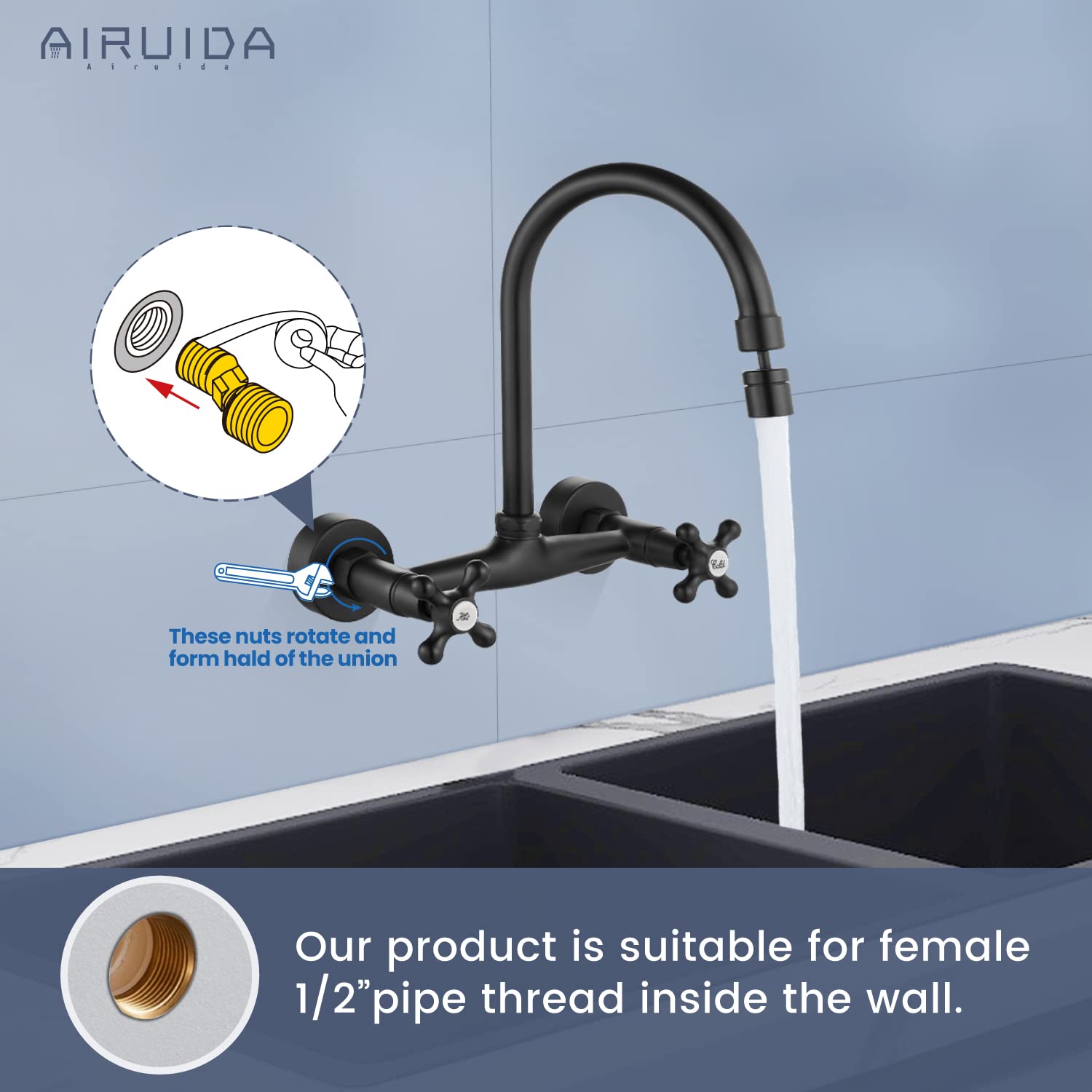 Airuida Wall Mount Kitchen Faucet Matte Black 8 Inch Center Wall Mount Faucet Kitchen with Sprayer Double Cross Handles 360 Degree Swivel Spout Kitchen Mixer Tap Commercial