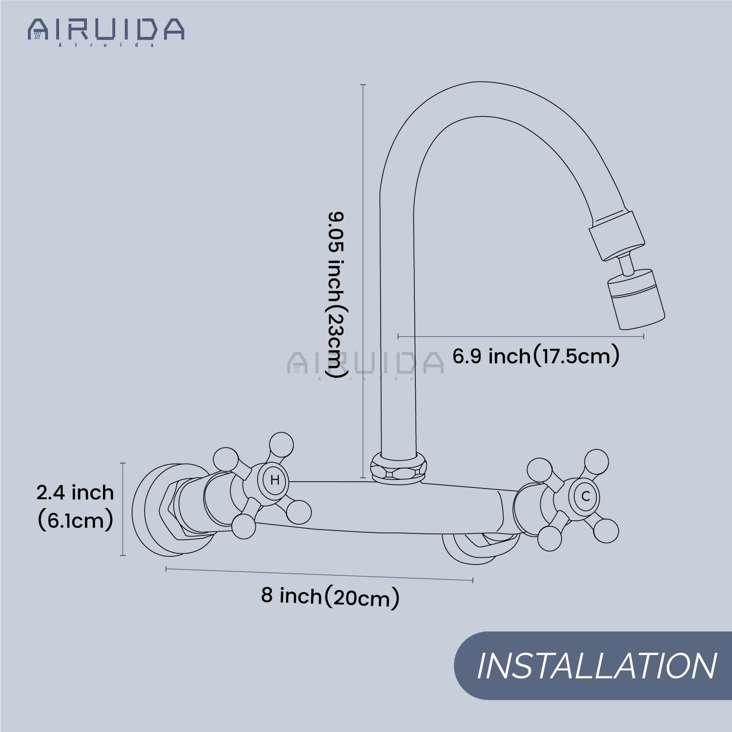 Airuida Wall Mount Kitchen Faucet Matte Black 8 Inch Center Wall Mount Faucet Kitchen with Sprayer Double Cross Handles 360 Degree Swivel Spout Kitchen Mixer Tap Commercial