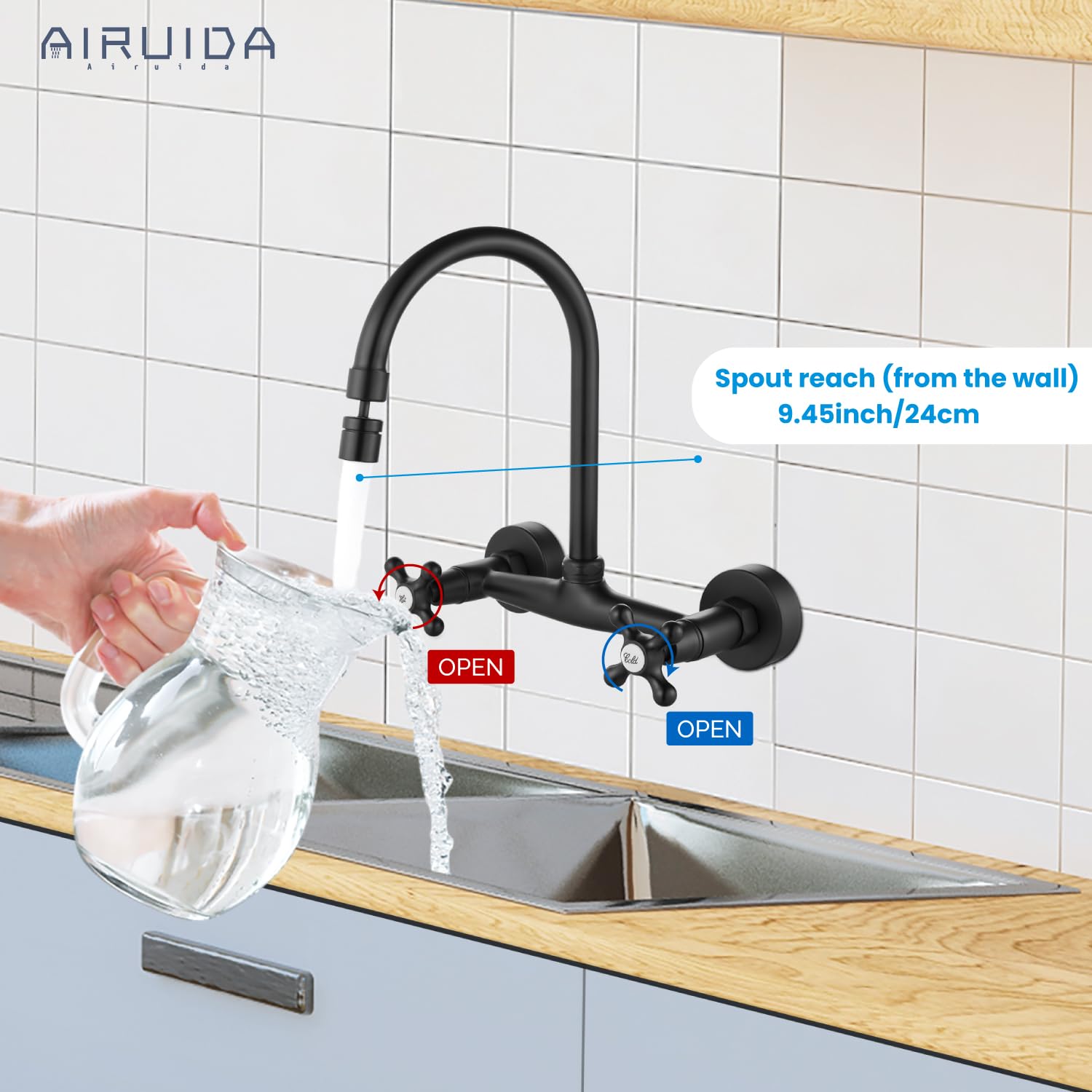 Airuida Wall Mount Kitchen Faucet Matte Black 8 Inch Center Wall Mount Faucet Kitchen with Sprayer Double Cross Handles 360 Degree Swivel Spout Kitchen Mixer Tap Commercial