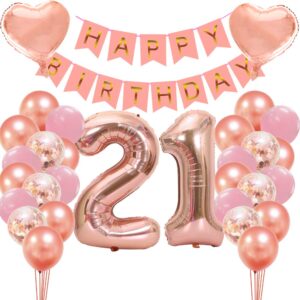 NIUBER 21st Birthday Decorations For Women,21 Birthday Decorations with Rose Gold Balloons, Happy Birthday Banner,Backdrop and Confetti Balloons