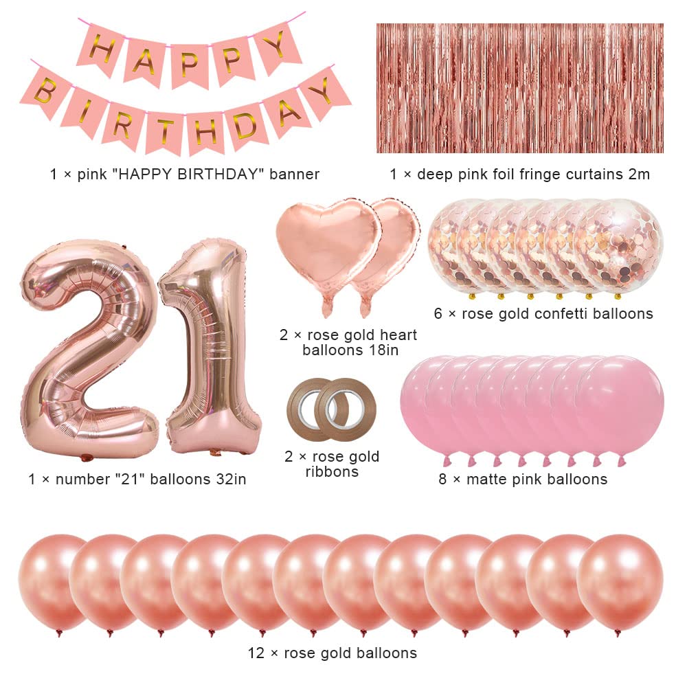 NIUBER 21st Birthday Decorations For Women,21 Birthday Decorations with Rose Gold Balloons, Happy Birthday Banner,Backdrop and Confetti Balloons