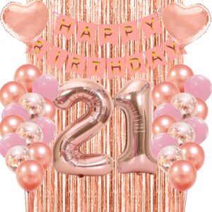 NIUBER 21st Birthday Decorations For Women,21 Birthday Decorations with Rose Gold Balloons, Happy Birthday Banner,Backdrop and Confetti Balloons