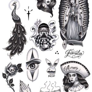 Tatsy Chicano Set, Temporary Tattoo Cover Up Sticker for Men and Women, Body Temp Fake Tattoos, Chicana Gansta Lowrider Style Culture, Unique Realistic Designs