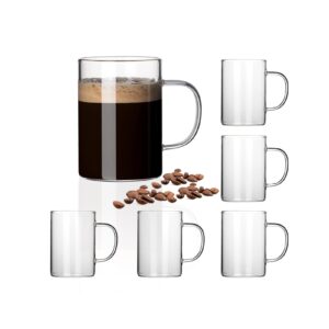 horlimer 10 oz glass coffee mugs set of 6, clear coffee cup with handle for tea cappuccino latte milk juice hot beverages