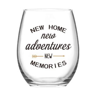 housewarming gifts, new home new adventures new memories stemless wine glass for new home house owner friends couple women men party christmas, funny new home owner presents ideas