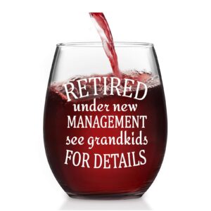 retired under new management see grandkid for detail stemless wine glass, retirement gift for women men coworker grandma mom dad teacher retirement party decorations christmas, happy retired wine gift