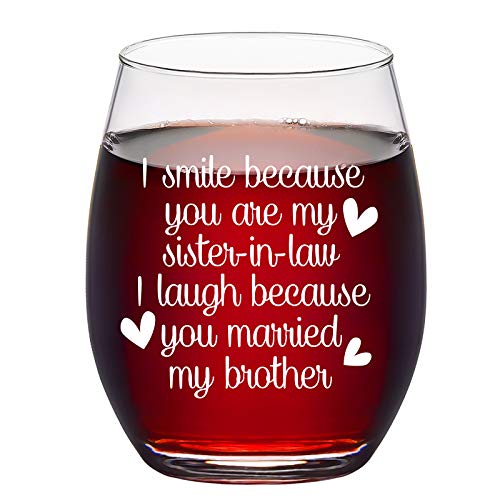 Sister in Law Gifts, Stemless Wine Glass for Sister in Law Sister Women Birthday Bride Bridal Shower Engagement Party Wedding Christmas, Funny Wine Gifts, 15Oz