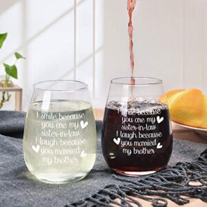 Sister in Law Gifts, Stemless Wine Glass for Sister in Law Sister Women Birthday Bride Bridal Shower Engagement Party Wedding Christmas, Funny Wine Gifts, 15Oz