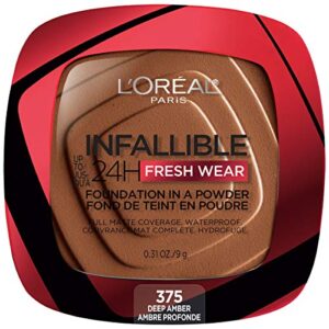 l'oreal paris makeup infallible fresh wear foundation in a powder, up to 24h wear, waterproof, deep amber, 0.31 oz.