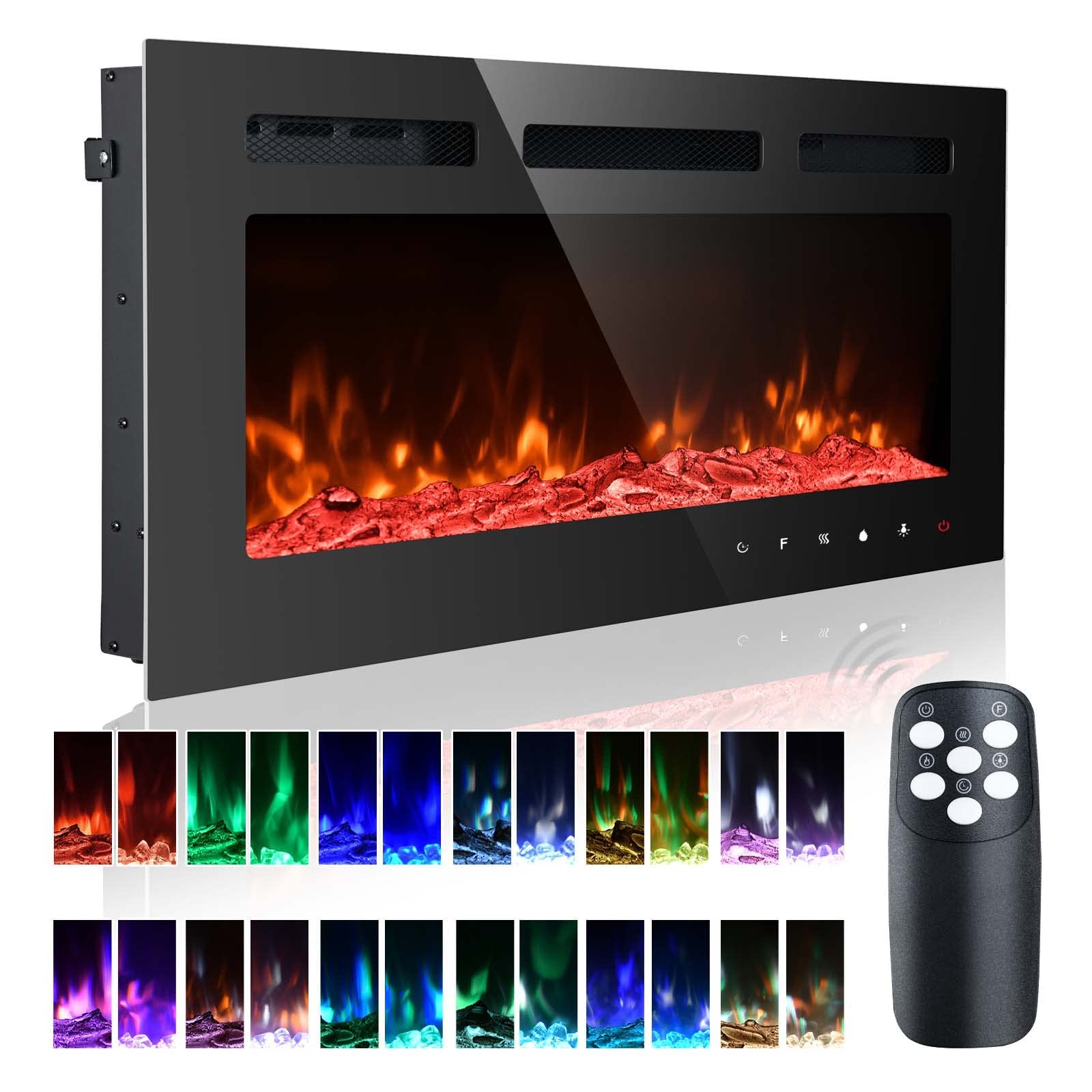 36 Inch Electric Fireplace Inserts, Quiet Wall Mounted Fireplace, Led Fireplace for Living Room, Recessed Electric Fireplace, Linear Fireplace, Logs & Crystal, 750/1500W