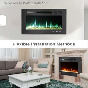 36 Inch Electric Fireplace Inserts, Quiet Wall Mounted Fireplace, Led Fireplace for Living Room, Recessed Electric Fireplace, Linear Fireplace, Logs & Crystal, 750/1500W