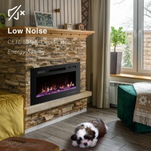 36 Inch Electric Fireplace Inserts, Quiet Wall Mounted Fireplace, Led Fireplace for Living Room, Recessed Electric Fireplace, Linear Fireplace, Logs & Crystal, 750/1500W