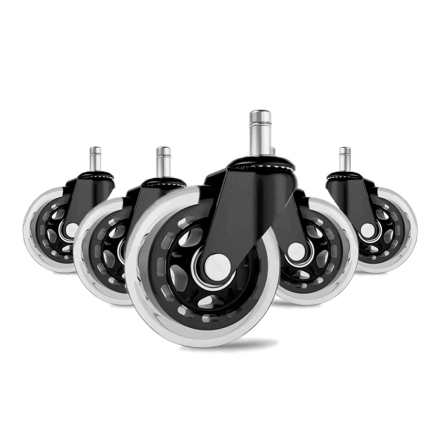 Office Chair Caster Wheels 3" - Heavy Duty Soft PU Rubber Safe for Hardwood Carpet Tile Floors (Set of 5) Generally Applicable to Office Wheels， Replace Chair mats - Universal fit