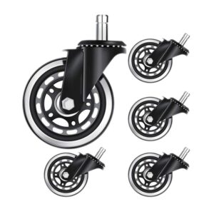 Office Chair Caster Wheels 3" - Heavy Duty Soft PU Rubber Safe for Hardwood Carpet Tile Floors (Set of 5) Generally Applicable to Office Wheels， Replace Chair mats - Universal fit