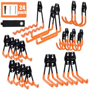 aoben garage hooks,24pack heavy duty garage hanger organizer anti-slip double wall garage storage hooks for ladder, power tool,bike,ropes (23 hooks & 1 hoder strap)-orange