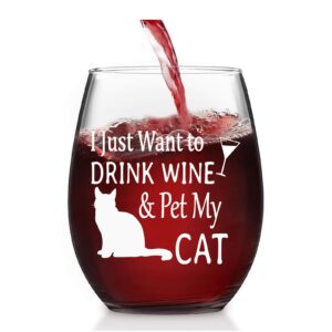futtumy i just want to drink wine and pet my cat stemless wine glass, wine gifts idea cat lover cat owner women mom best friend cat mom birthday mothers day christmas, cat gifts for cat lovers