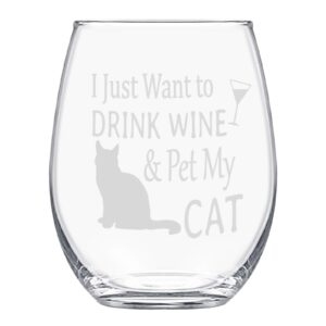 Futtumy I Just Want to Drink Wine and Pet My Cat Stemless Wine Glass, Wine Gifts Idea Cat Lover Cat Owner Women Mom Best Friend Cat Mom Birthday Mothers Day Christmas, Cat Gifts for Cat Lovers