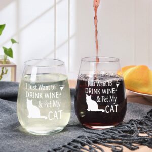 Futtumy I Just Want to Drink Wine and Pet My Cat Stemless Wine Glass, Wine Gifts Idea Cat Lover Cat Owner Women Mom Best Friend Cat Mom Birthday Mothers Day Christmas, Cat Gifts for Cat Lovers