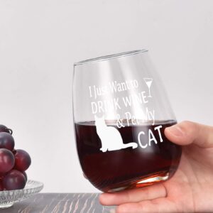 Futtumy I Just Want to Drink Wine and Pet My Cat Stemless Wine Glass, Wine Gifts Idea Cat Lover Cat Owner Women Mom Best Friend Cat Mom Birthday Mothers Day Christmas, Cat Gifts for Cat Lovers