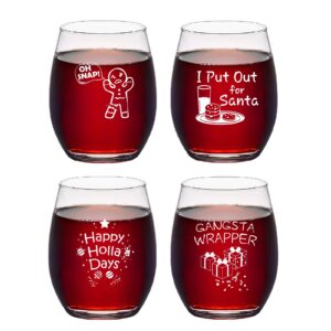 set of 4 christmas puns stemless wine glasses set, christmas themed gift idea for women men friend party white elephant gift exchange dirty santa, 15oz funny wine gift