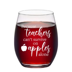 futtumy teacher gifts, because teachers can't survive on apples alone stemless wine glass for teacher women thank you appreciation gift birthday christmas thanksgiving, funny teacher wine glass 15 oz