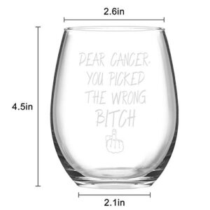 Futtumy Dear Cancer You Picked The Wrong, Stemless Wine Glass for Women Cancer Survivor Ovarian Breast Cancer Survivor Cancer Patient, 15 Oz Wine Glass With Cancer Awareness Sayings