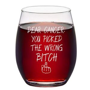 futtumy dear cancer you picked the wrong, stemless wine glass for women cancer survivor ovarian breast cancer survivor cancer patient, 15 oz wine glass with cancer awareness sayings