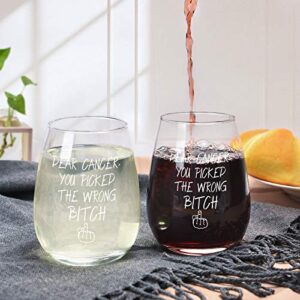 Futtumy Dear Cancer You Picked The Wrong, Stemless Wine Glass for Women Cancer Survivor Ovarian Breast Cancer Survivor Cancer Patient, 15 Oz Wine Glass With Cancer Awareness Sayings