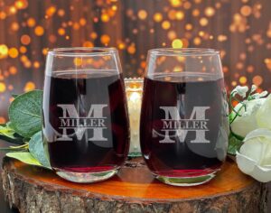 set of 2 customizable monogram 15 oz etched stemless wine glass engraved personalized with initial and name