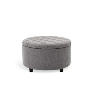 modern round ottoman footrest stool - luxurious button tufted covered seat w/removable top for storage - easy assembly accent furniture perfect for use in any room - grey color