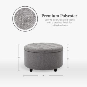 Modern Round Ottoman Footrest Stool - Luxurious Button Tufted Covered Seat w/Removable Top for Storage - Easy Assembly Accent Furniture Perfect for Use in Any Room - Grey Color