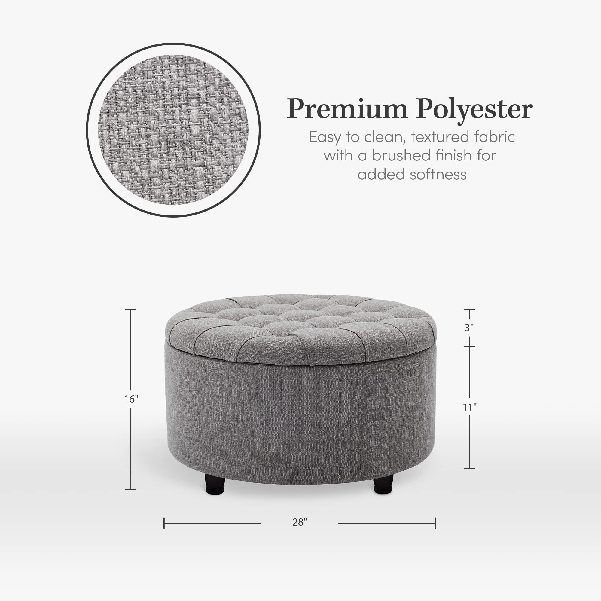 Modern Round Ottoman Footrest Stool - Luxurious Button Tufted Covered Seat w/Removable Top for Storage - Easy Assembly Accent Furniture Perfect for Use in Any Room - Grey Color