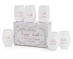 loco llama classy bride & bridal party proposal wine glasses - 100% unbreakable tritan plastic with foil accents - 16 ounces (bride & bridesmaids, 6)