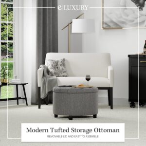 Modern Round Ottoman Footrest Stool - Luxurious Button Tufted Covered Seat w/Removable Top for Storage - Easy Assembly Accent Furniture Perfect for Use in Any Room - Grey Color