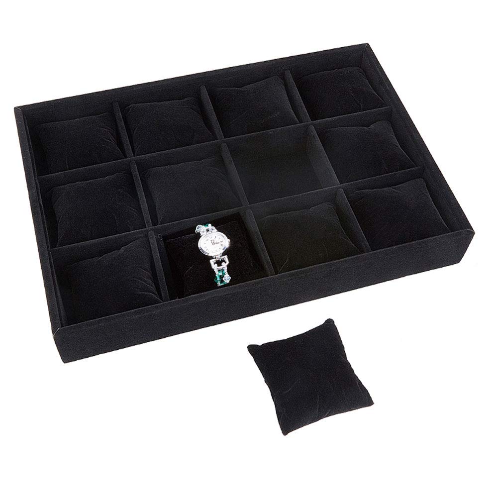 PH PandaHall Watch Tray 12 Grids Jewelry Tray Organizer Velvet Watch Show Tray Stackable Watch Organizer Jewelry Bracelet Show Box Display Holder with Adjustable Pillow for Bracelet Bangle Watch