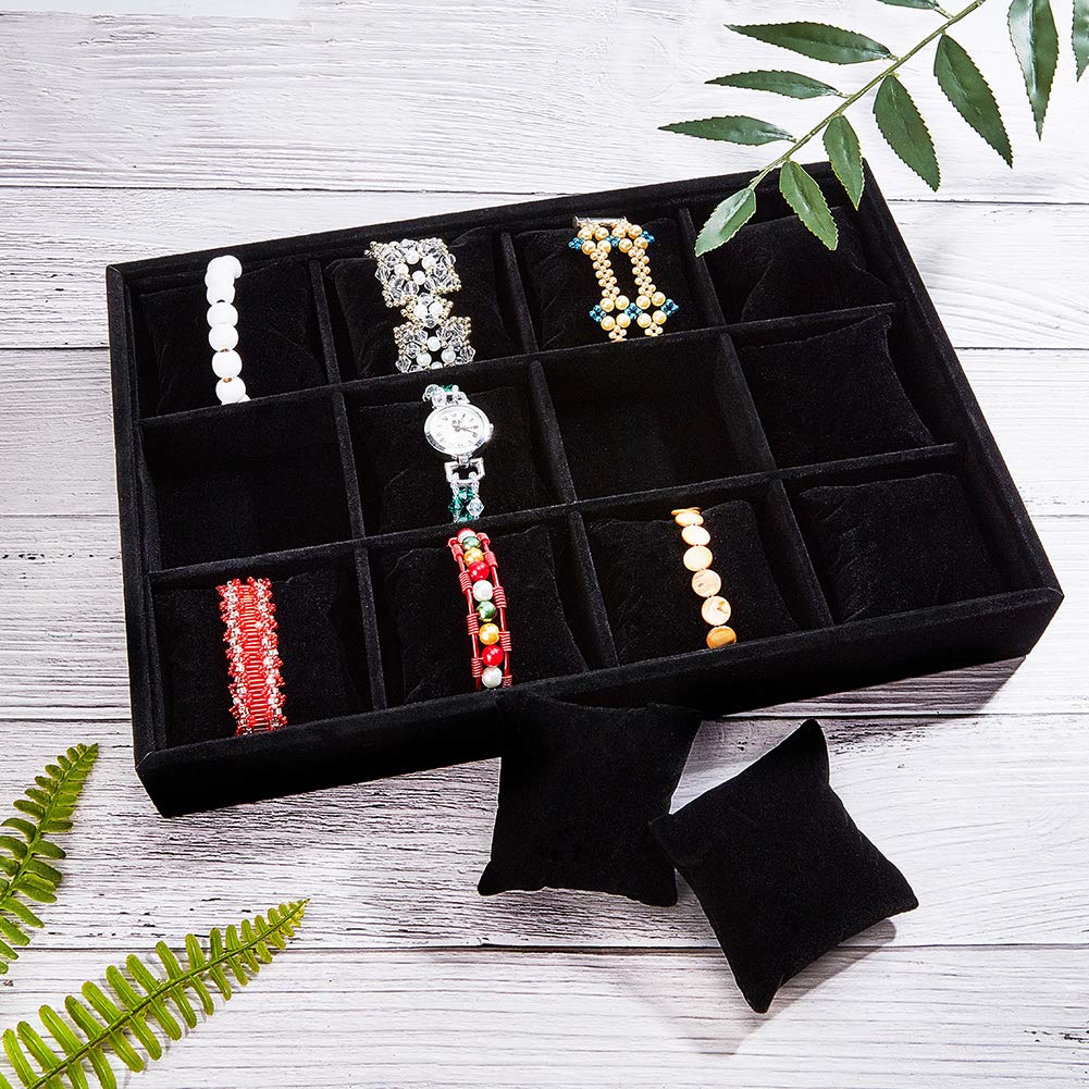 PH PandaHall Watch Tray 12 Grids Jewelry Tray Organizer Velvet Watch Show Tray Stackable Watch Organizer Jewelry Bracelet Show Box Display Holder with Adjustable Pillow for Bracelet Bangle Watch