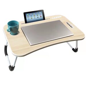 acoode folding laptop dsek adjustable foldable lap stand for bed tray table with usb port cup holder for working eating breakfast reading book on sofa floor (white maple)