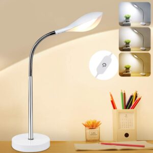 dllt dimmable led desk lamp with 3 light modes, eye-caring reading light with touch control and 360°flexible neck, bedside nightstand lamp for study office bedroom, usb cable adapter, white
