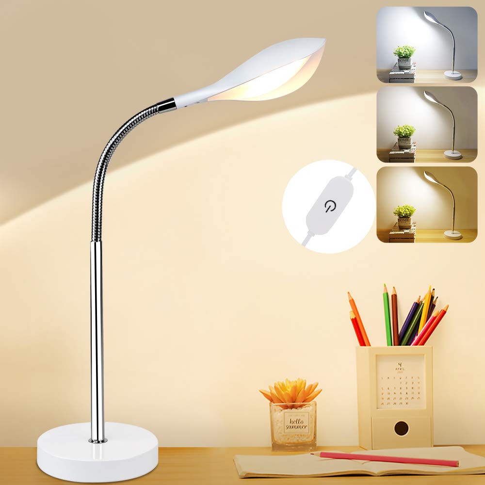 DLLT Dimmable LED Desk Lamp with 3 Light Modes, Eye-Caring Reading Light with Touch Control and 360°Flexible Neck, Bedside Nightstand Lamp for Study Office Bedroom, USB Cable Adapter, White