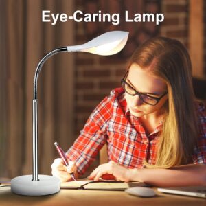 DLLT Dimmable LED Desk Lamp with 3 Light Modes, Eye-Caring Reading Light with Touch Control and 360°Flexible Neck, Bedside Nightstand Lamp for Study Office Bedroom, USB Cable Adapter, White