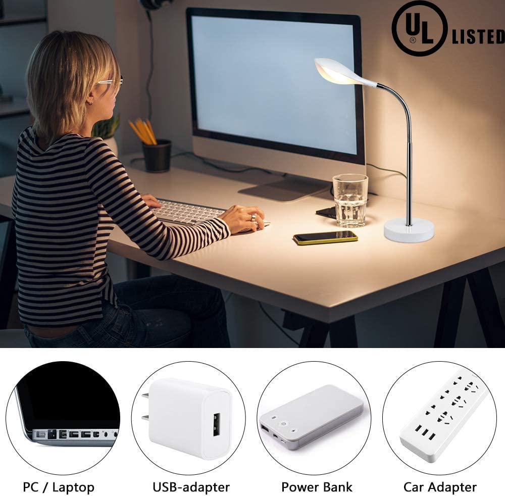 DLLT Dimmable LED Desk Lamp with 3 Light Modes, Eye-Caring Reading Light with Touch Control and 360°Flexible Neck, Bedside Nightstand Lamp for Study Office Bedroom, USB Cable Adapter, White