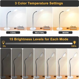 DLLT Dimmable LED Desk Lamp with 3 Light Modes, Eye-Caring Reading Light with Touch Control and 360°Flexible Neck, Bedside Nightstand Lamp for Study Office Bedroom, USB Cable Adapter, White