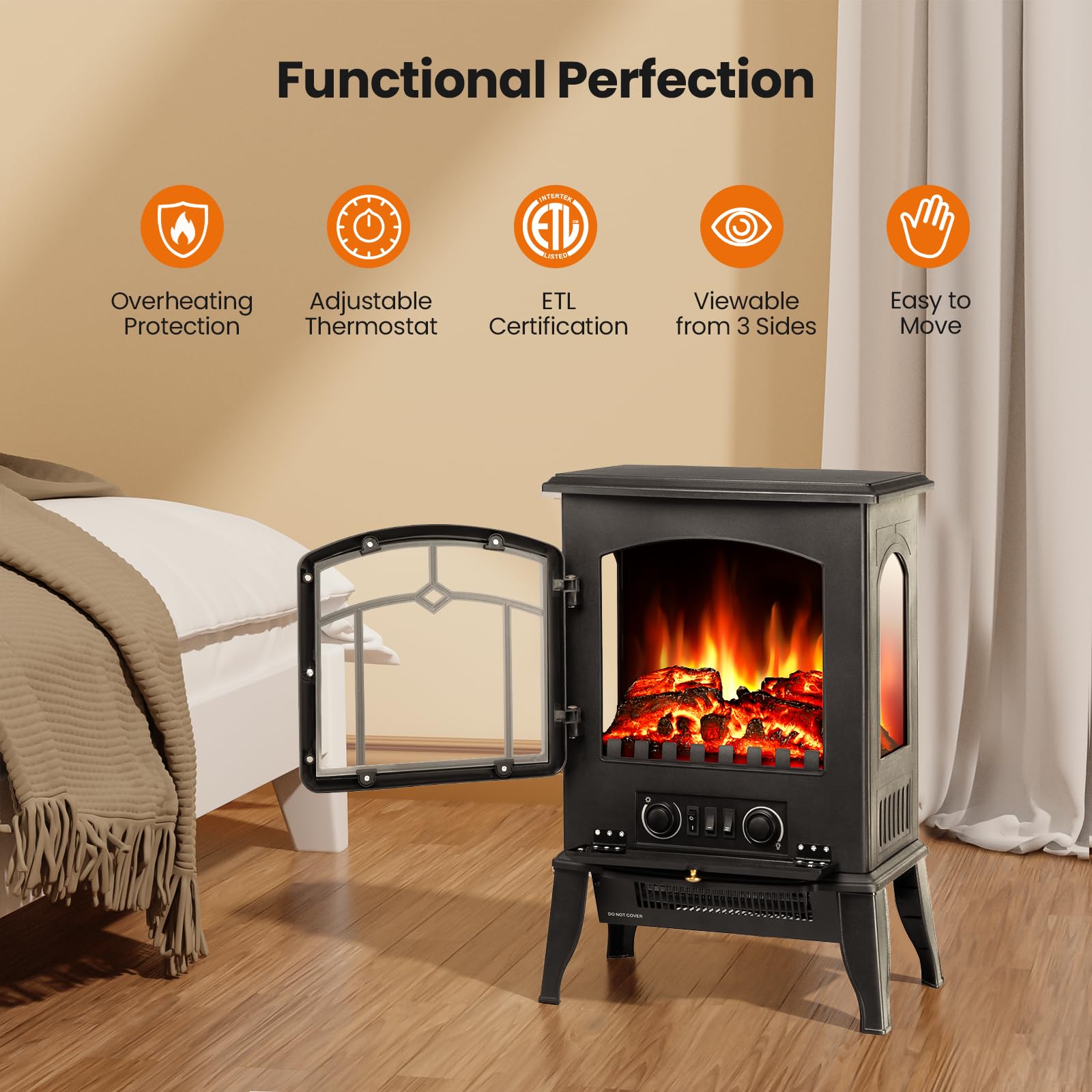 Kismile Electric Fireplace Stove,1500W Infrared Fireplace Heater with 3D Realistic Flame,Overheating Protection,16inch Portable Freestanding Electric Fireplace for Indoor Use