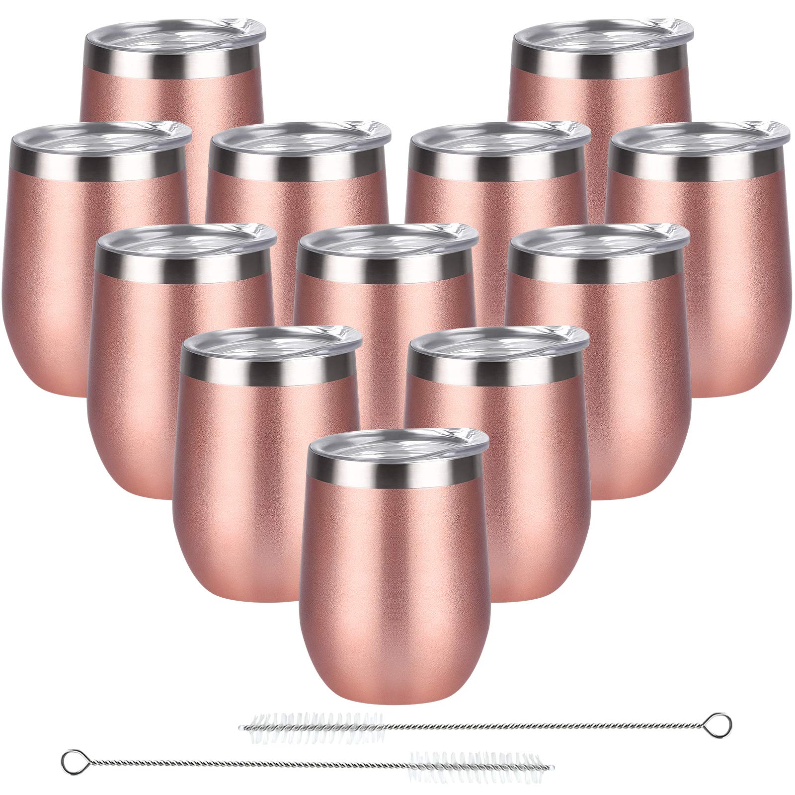 12 Pack Stainless Steel Wine Tumbler with Lid and Straw, 12 Oz Double Wall Vacuum Insulated Stemless Wine Glass Tumbler, Set of 12 Cup for Wine, Coffee, Champagne, Cocktails, Ice Cream, Rose Gold