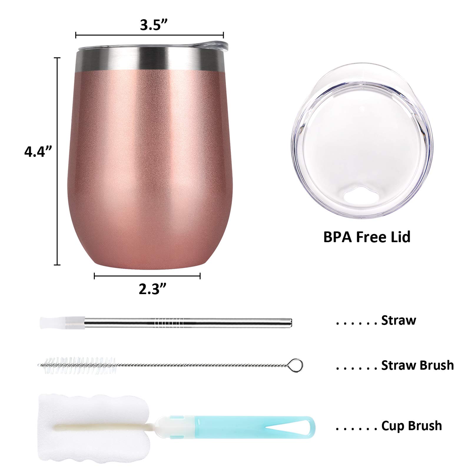 12 Pack Stainless Steel Wine Tumbler with Lid and Straw, 12 Oz Double Wall Vacuum Insulated Stemless Wine Glass Tumbler, Set of 12 Cup for Wine, Coffee, Champagne, Cocktails, Ice Cream, Rose Gold