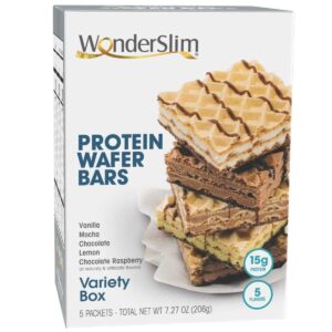 wonderslim protein wafer snack bar, variety pack, 15g protein, 5 flavors, 0mg cholesterol (5ct)