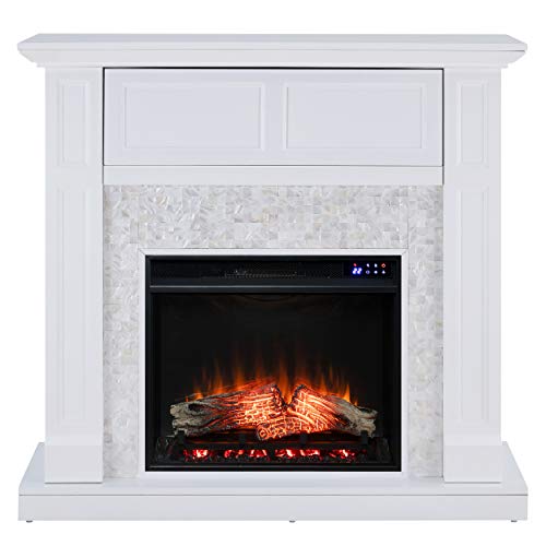 SEI Furniture Nobleman Mother of Pearl Tiled Electric Fireplace with Hidden Media Shelf, New White