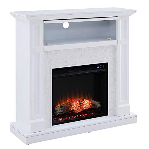 SEI Furniture Nobleman Mother of Pearl Tiled Electric Fireplace with Hidden Media Shelf, New White